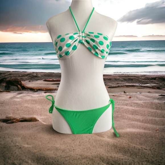 OP Ocean Pacific Bathing Suit Women Size Small Green White Polka Dot Two Piece - Picture 1 of 12